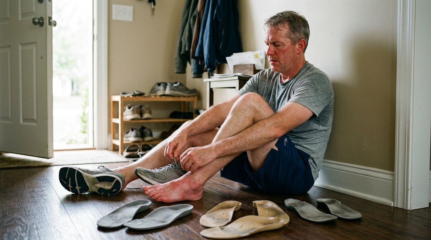 A man in his 50s back from a run, sitting on the floor taking off his shoes, sore red feet, old flattened insoles around him.