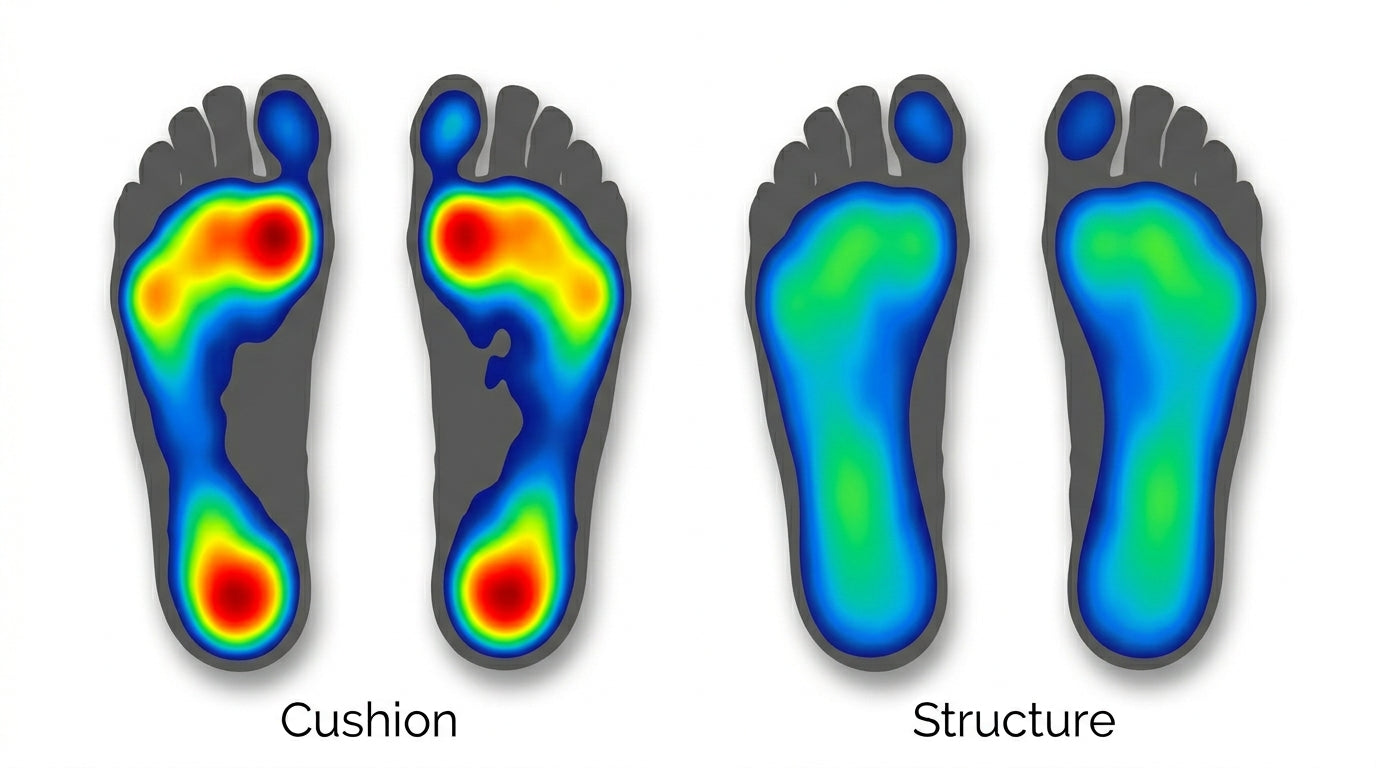 Pressure-map comparison: a cushioned insole leaves red hotspots; a structured insole spreads load evenly.
