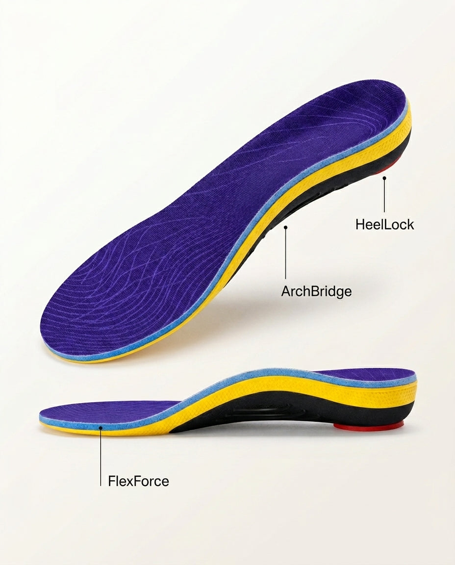 Comfort Step Pro Arch Insole showing the three TriAxis zones: HeelLock, ArchBridge, FlexForce.