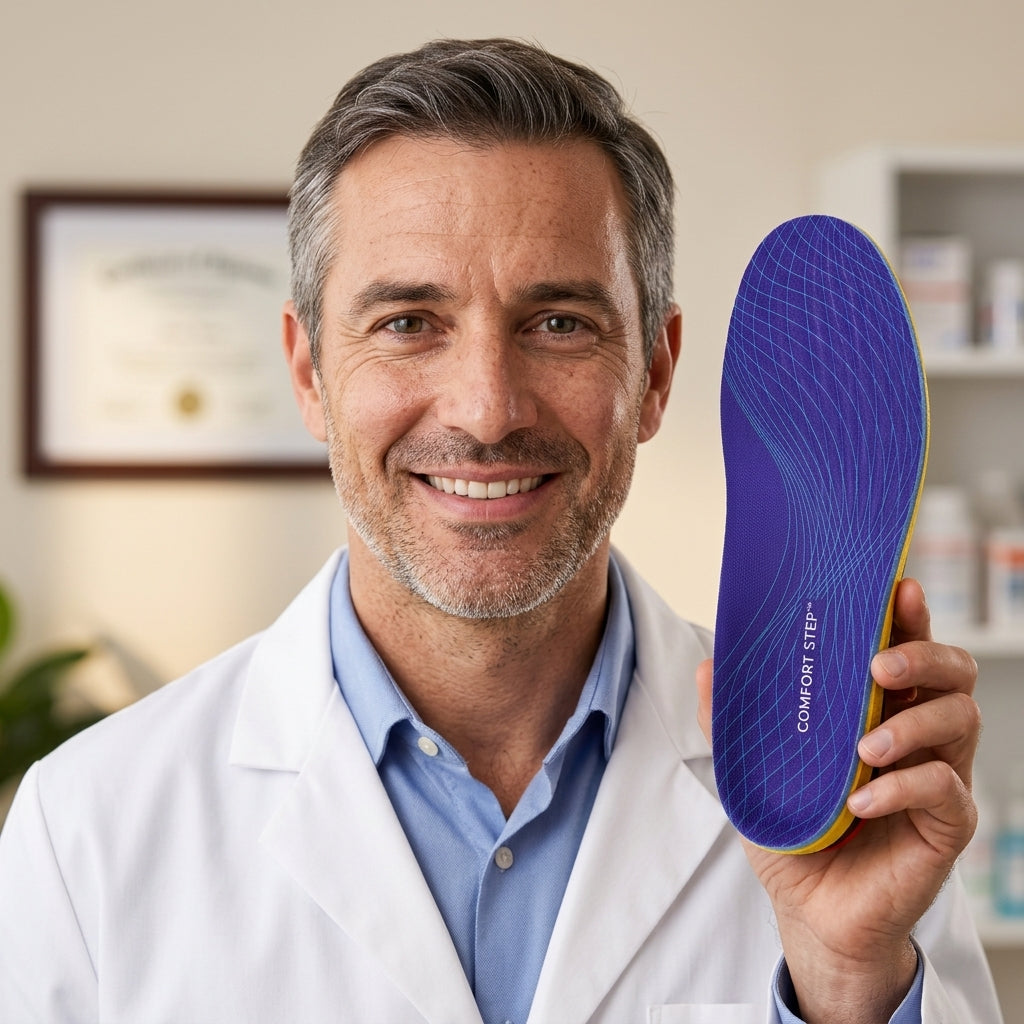 A smiling podiatrist holding up a Comfort Step insole.