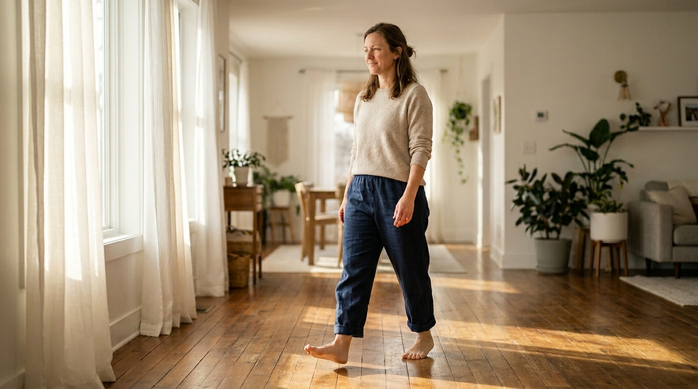 A woman walking barefoot and relaxed across a sunlit hardwood floor at home.