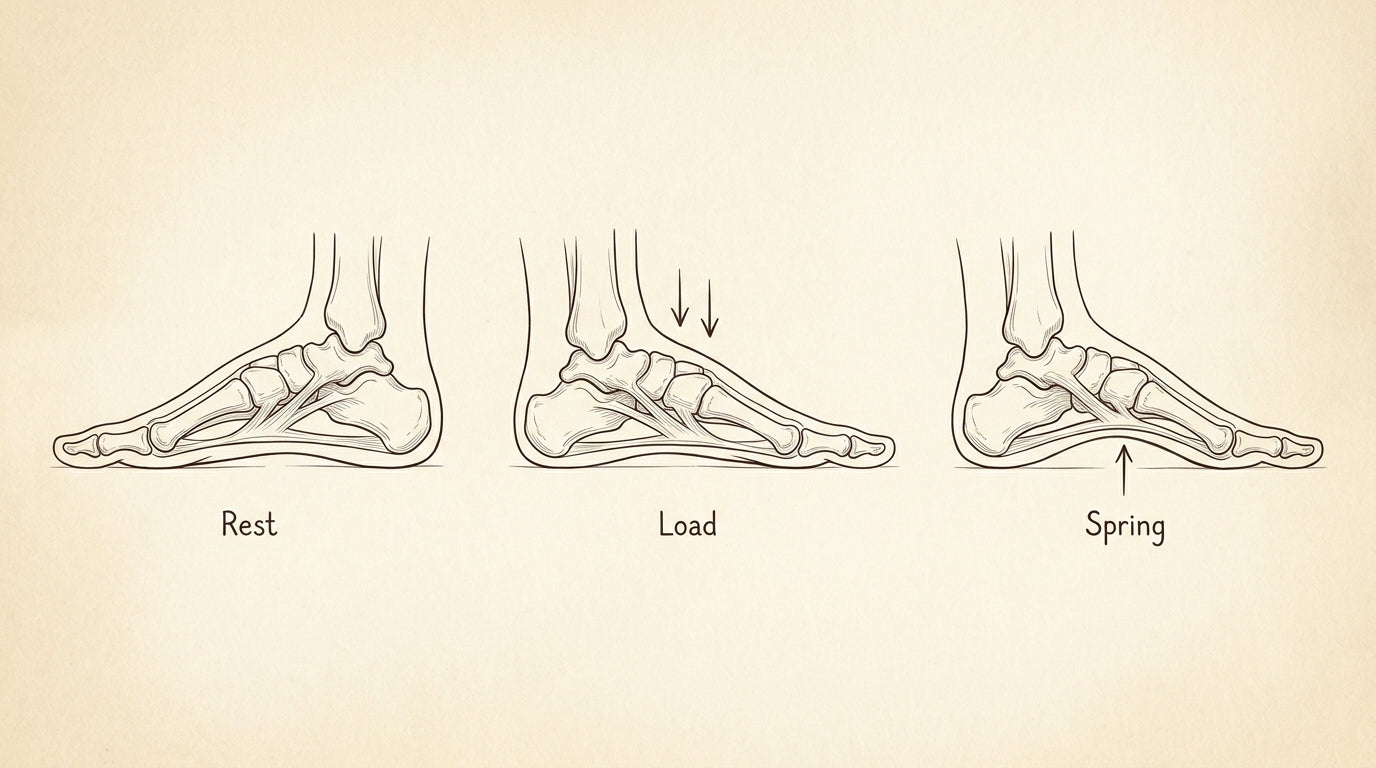 Medical illustration of the foot arch through its loading cycle: rest, load, spring.