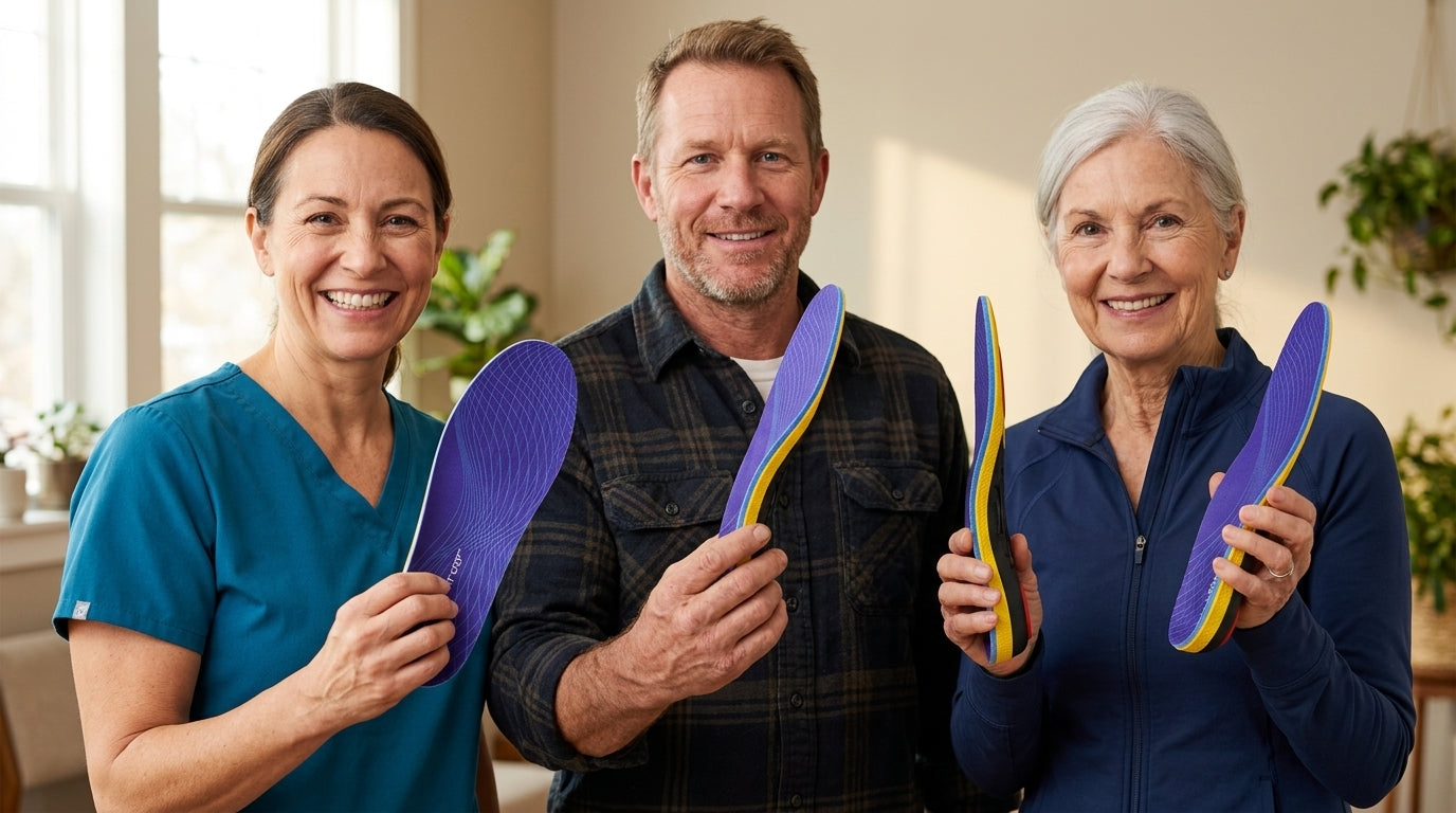 Three happy customers each holding a slim Comfort Step insole.