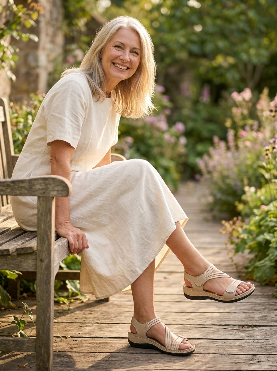 Mature woman in linen dress wearing Comfort Step Open-Toe Sandal in a sunlit garden