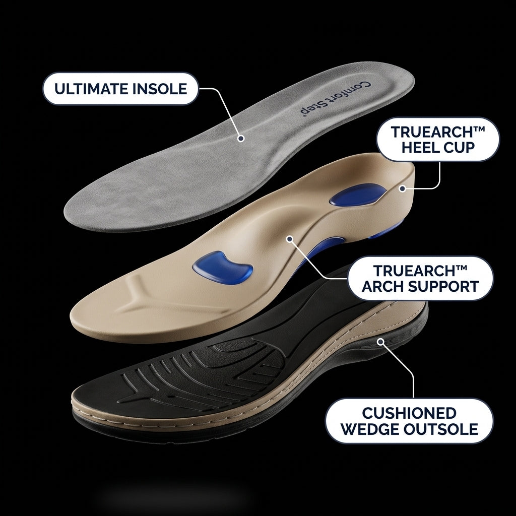 Comfort Step Open-Toe Sandal — TrueArch exploded footbed anatomy