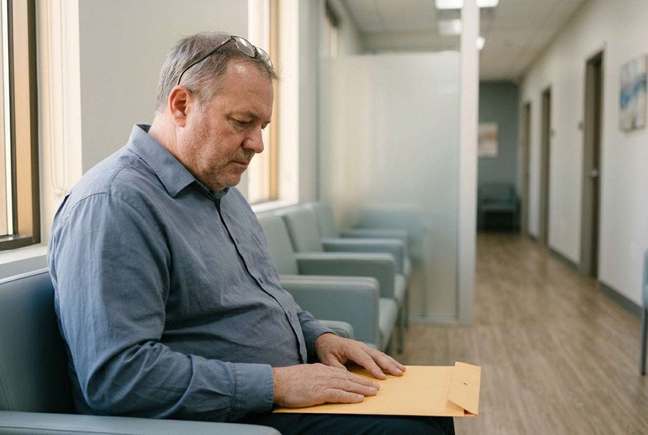 A person in their late 50s sitting in a clinical corridor, holding an MRI envelope, expression caught between relief and frustration &mdash; told the scan is normal, still in pain.