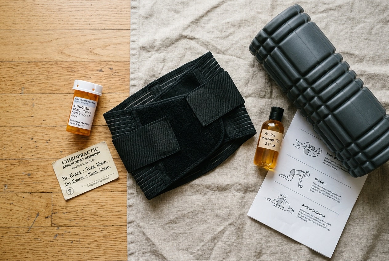 Overhead flat-lay of failed back-pain treatment items: chiropractic appointment card, pill bottle, back brace, massage oil bottle, lumbar support pillow, referral letter to pain clinic.