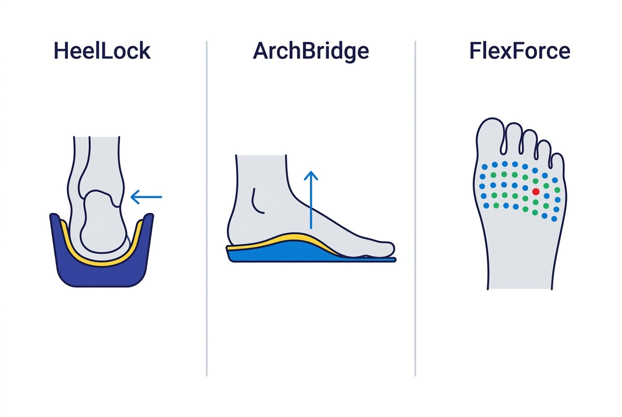 Three-panel mechanism schematic: Panel 1 shows HeelLock Cradle containing heel bone in neutral cross-section; Panel 2 shows ArchBridge Support lifting medial arch in profile; Panel 3 shows FlexForce plate distributing forefoot pressure evenly vs. concentrated hot spots.