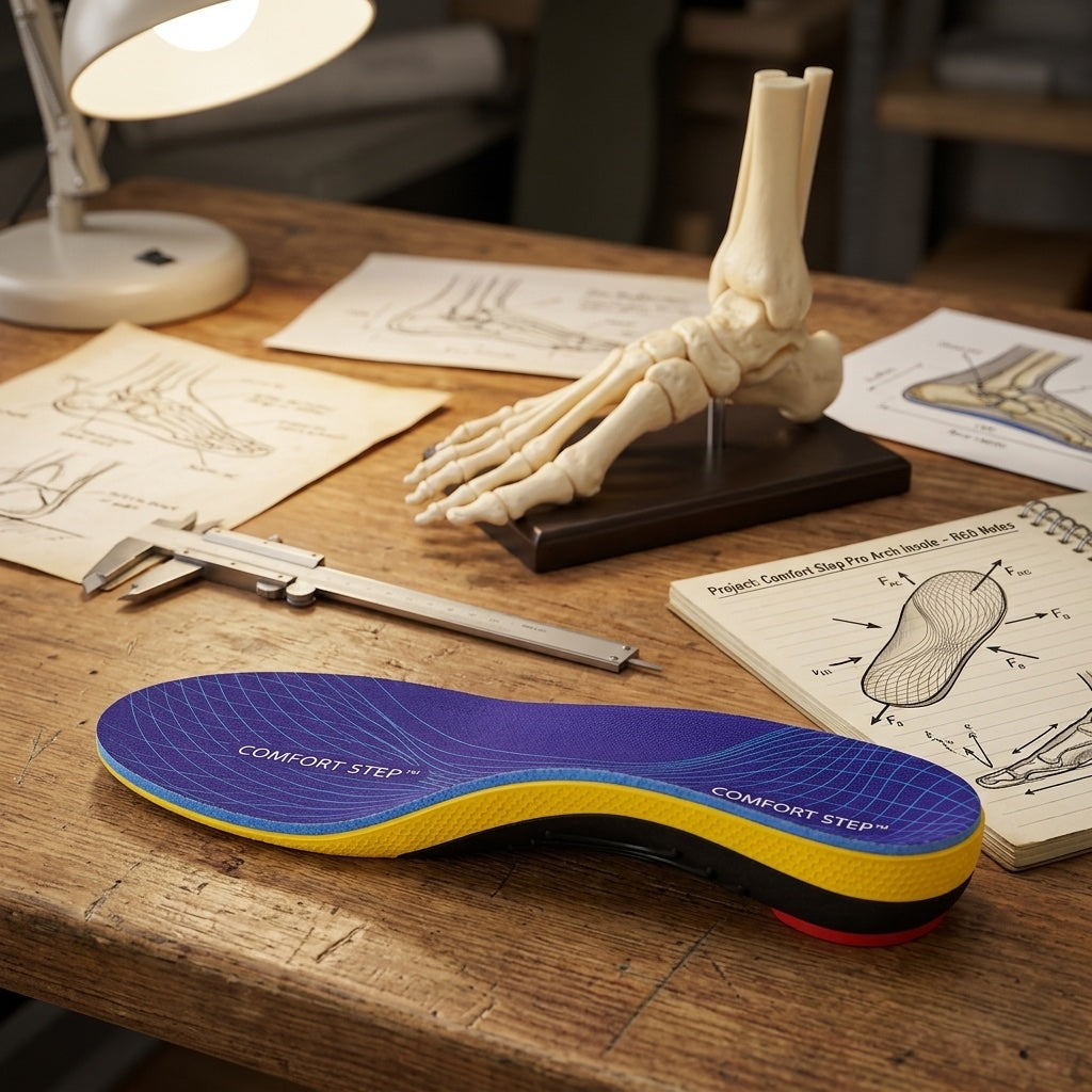 Research and development visual: Comfort Step Pro Arch Insole on a workbench alongside foot anatomy models and biomechanics engineering drawings, layered-construction cutaway showing all materials.