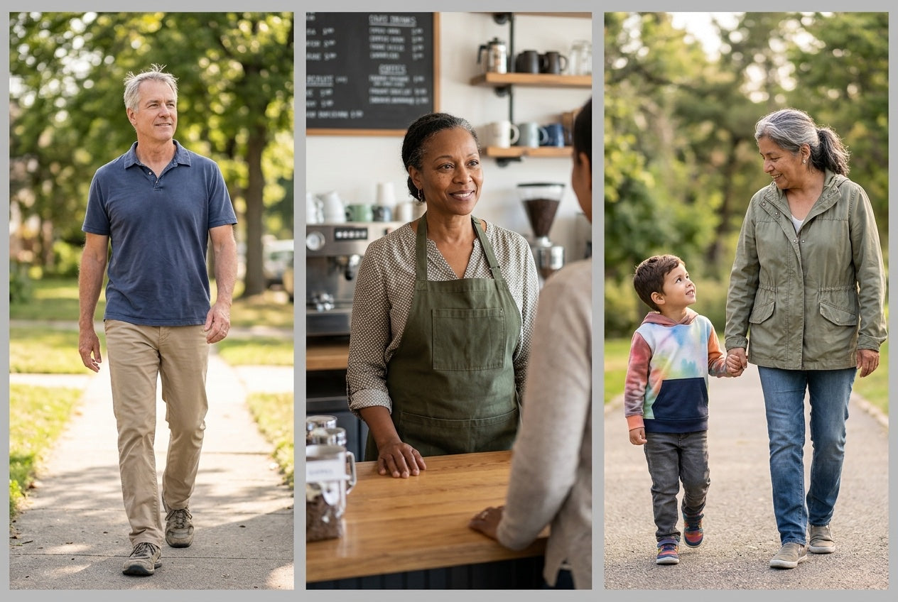 Three customer photos in a warm grid: Patricia W. in a garden, Marcus D. in work clothes, Renee T. at a trail. Star ratings and names overlaid. Caption: Real people. Real changes.