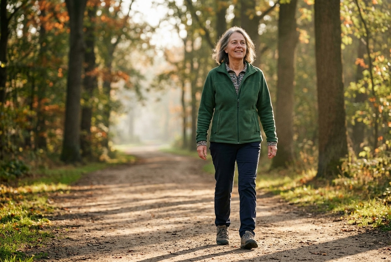 A person in their early 60s walking confidently on a neighborhood path in morning light, natural gait, no visible discomfort &mdash; the restored-life destination.