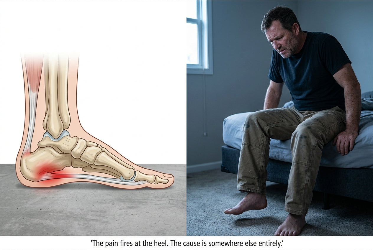 Left: anatomical cross-section of a foot with a collapsed arch and the plantar fascia pulled taut to the heel. Right: a worker on the edge of a bed bracing for the first painful step.