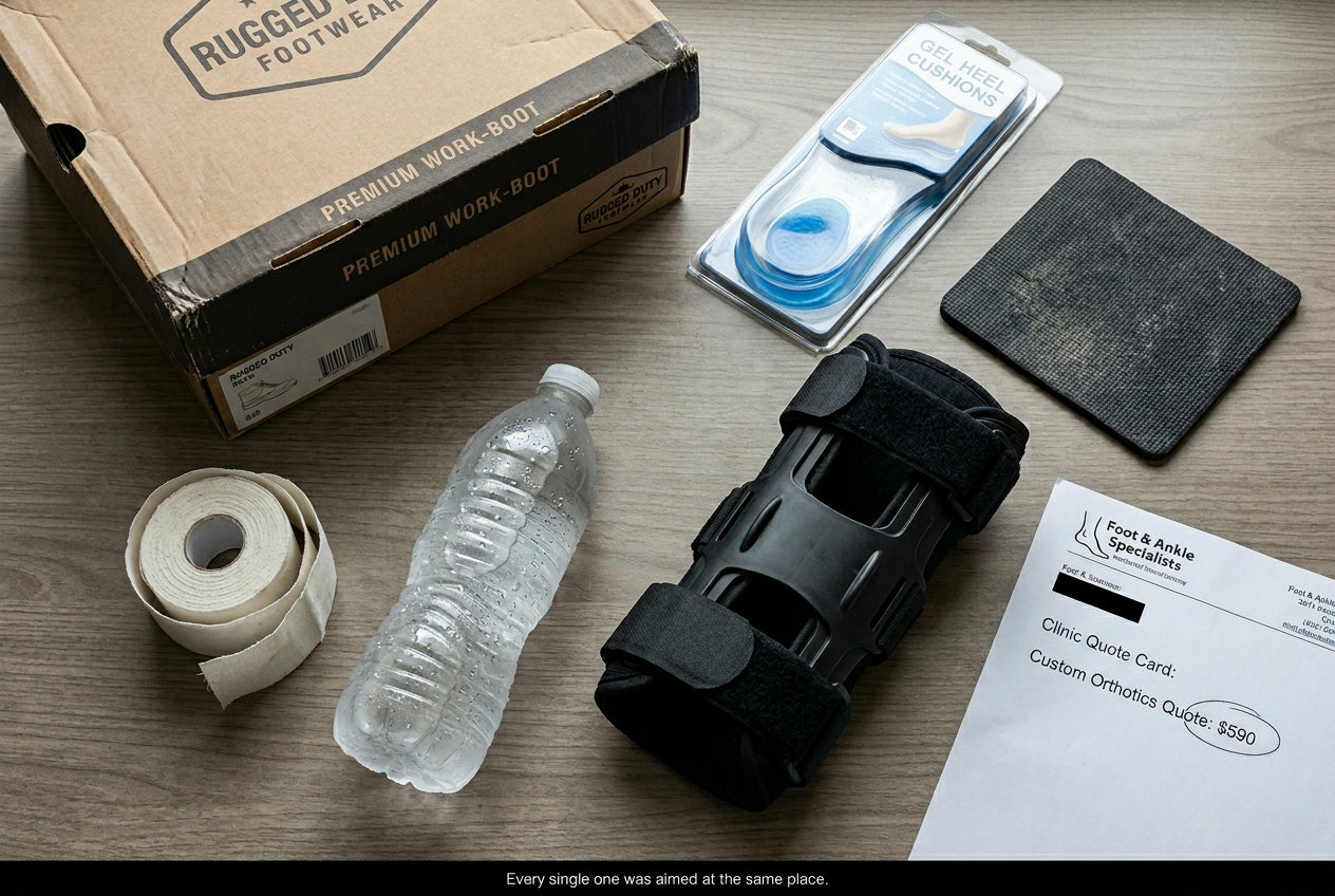 A tabletop of failed plantar fasciitis remedies: premium work boots, gel insoles, an anti-fatigue mat, athletic tape, a frozen water bottle, a night splint, and a $590 orthotic quote.