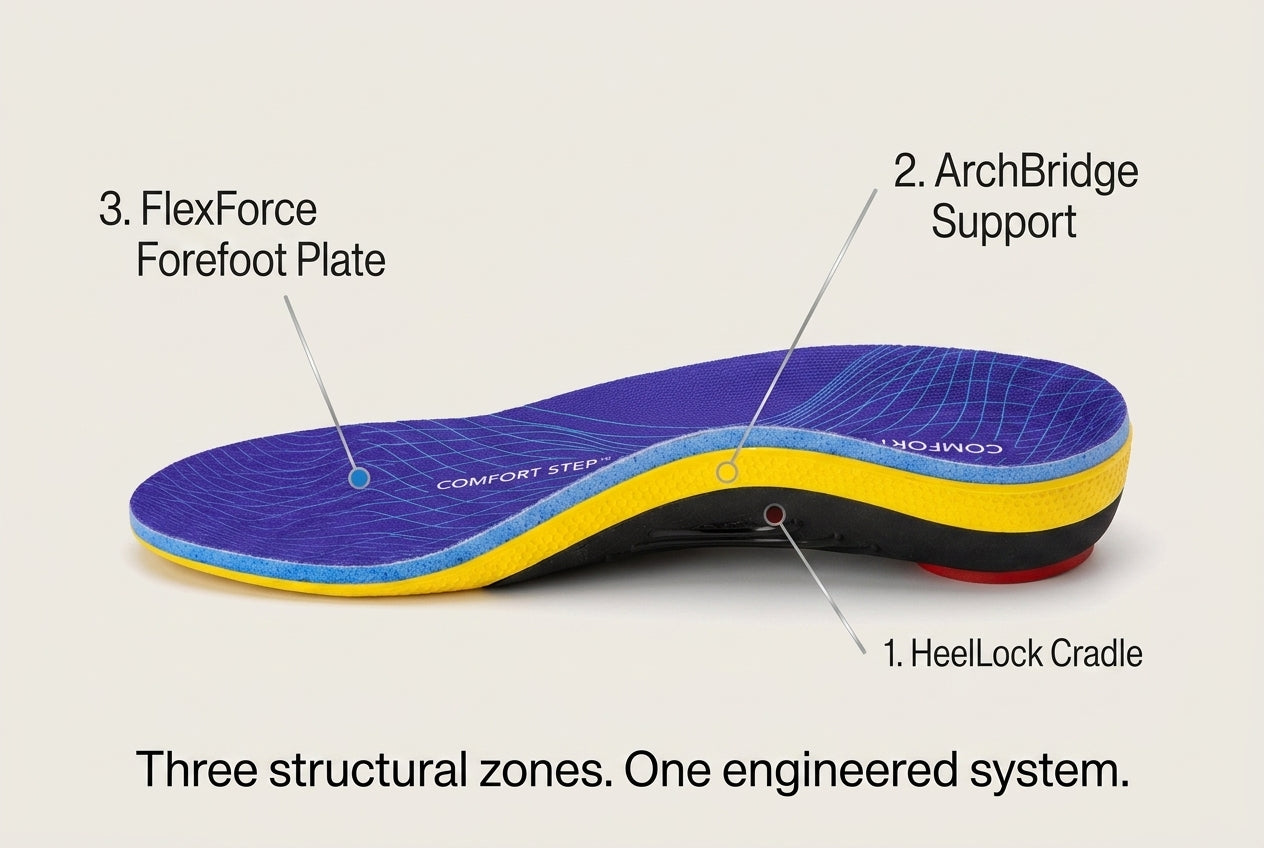 The Comfort Step insole with three labeled zones: HeelLock Cradle at the deep heel cup, ArchBridge Support at the raised arch, and FlexForce Forefoot Plate at the forefoot.