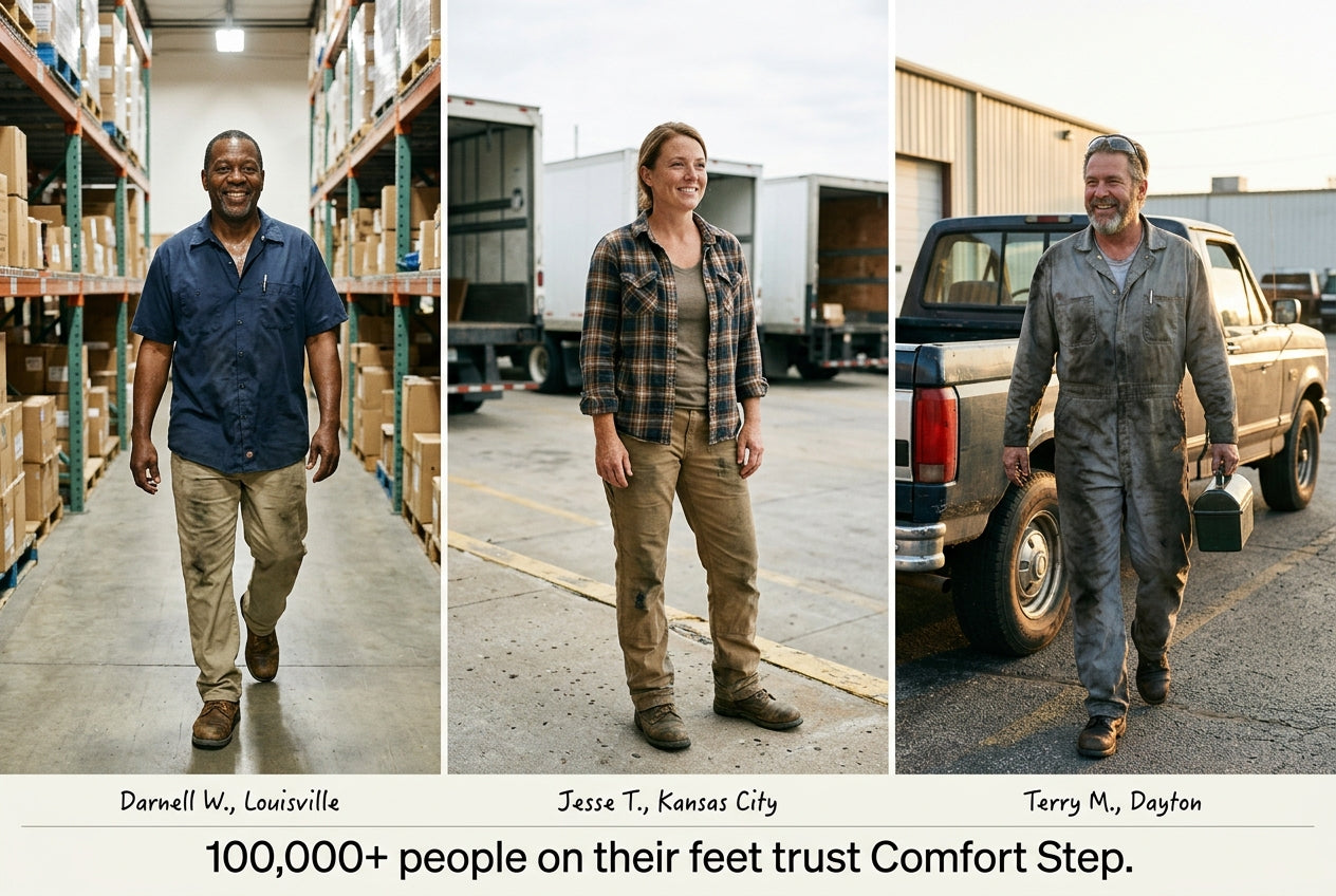 Three on-their-feet workers — a warehouse worker, a dock worker, and a machinist — back to a normal stride. 100,000+ people on their feet trust Comfort Step.