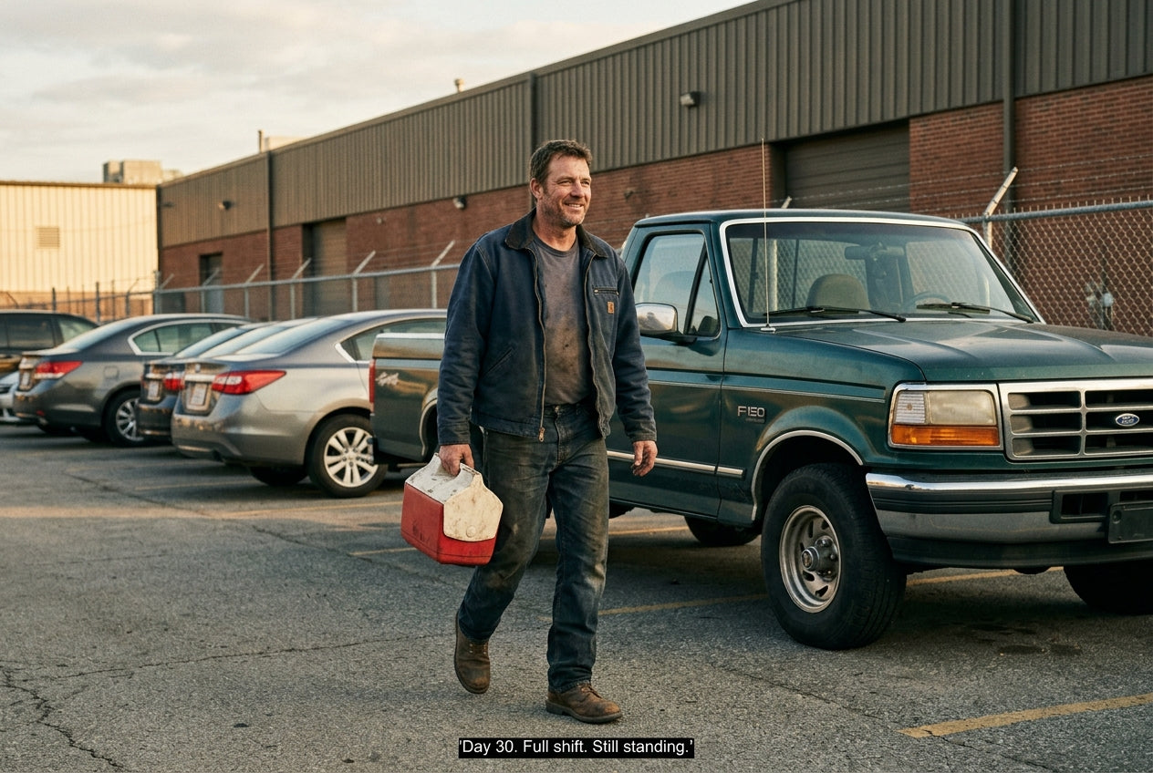 A worker walking confidently across the lot at the end of a shift, not favoring a foot. Day 30 — full shift, still standing.